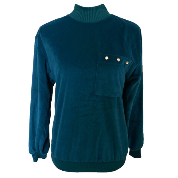Teal Velveteen Pullover Longsleeve Mock Turtle Neck Small Vintage Haband for Her - Picture 11 of 16